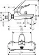 Hansgrohe Wannenmischer in Chrom, mit einhebeliger Steuerung. Darstellung der Maße und Montagepunkte im technischen Diagramm.
